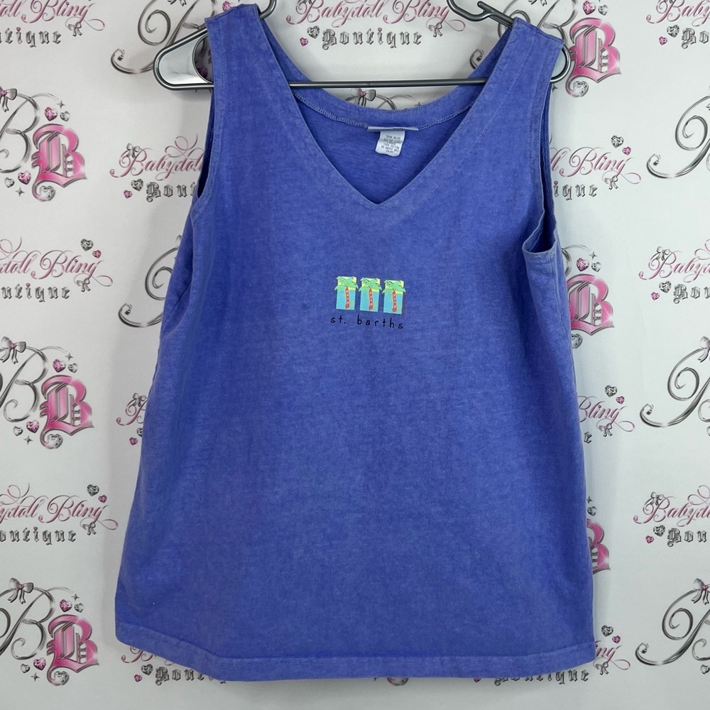 Fresh Produce tank top st. Barths palm trees Purple Tank Top with Embroidery